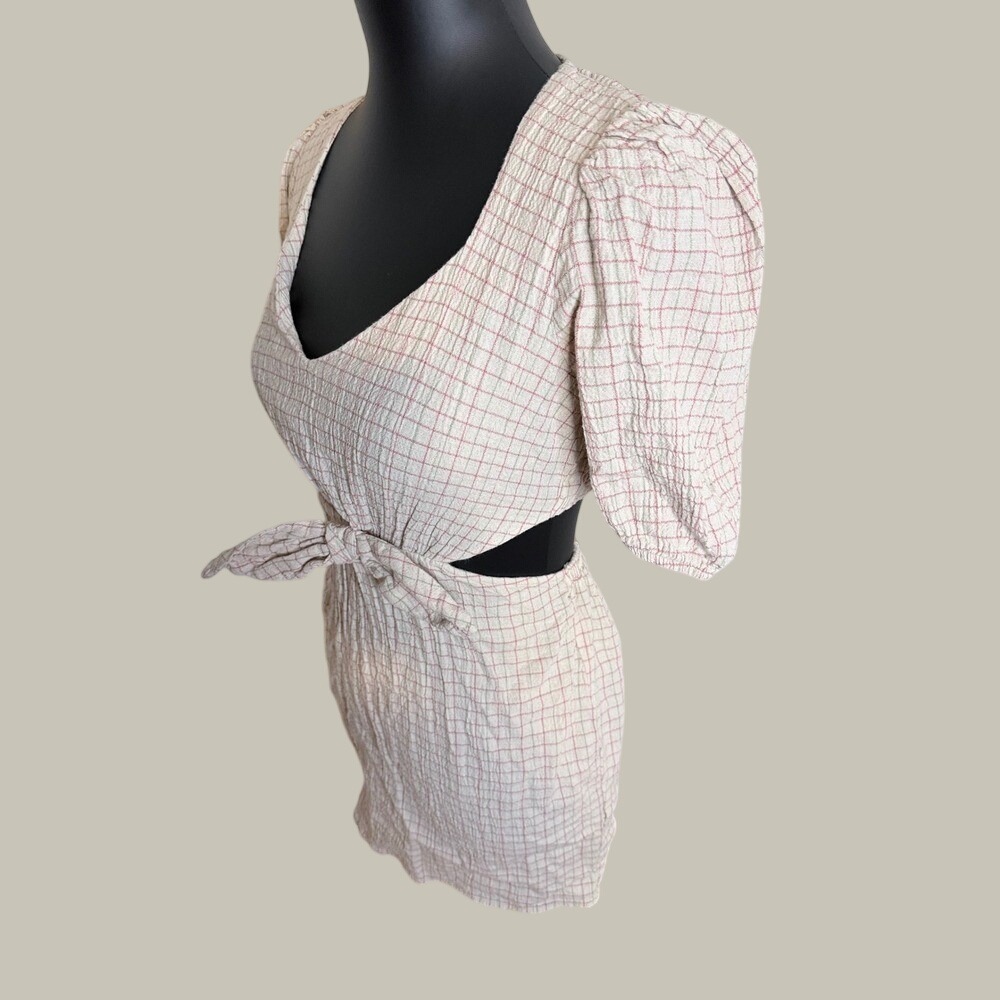Zara Mini Dress Women XS Cream Red and Plaid Cutout Tie‎ Front Puff Sleeve